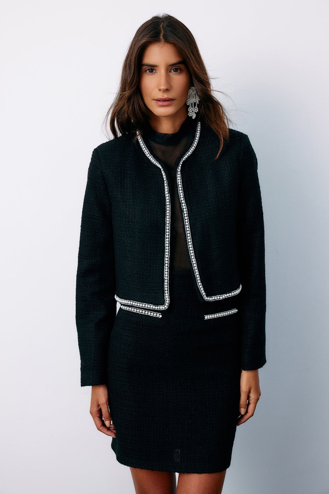 Sateen Veste en tweed avec détails d'accessoire - Noir
