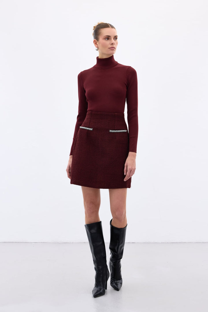 Sateen Jupe en tweed avec détails accessoires - Bordeaux