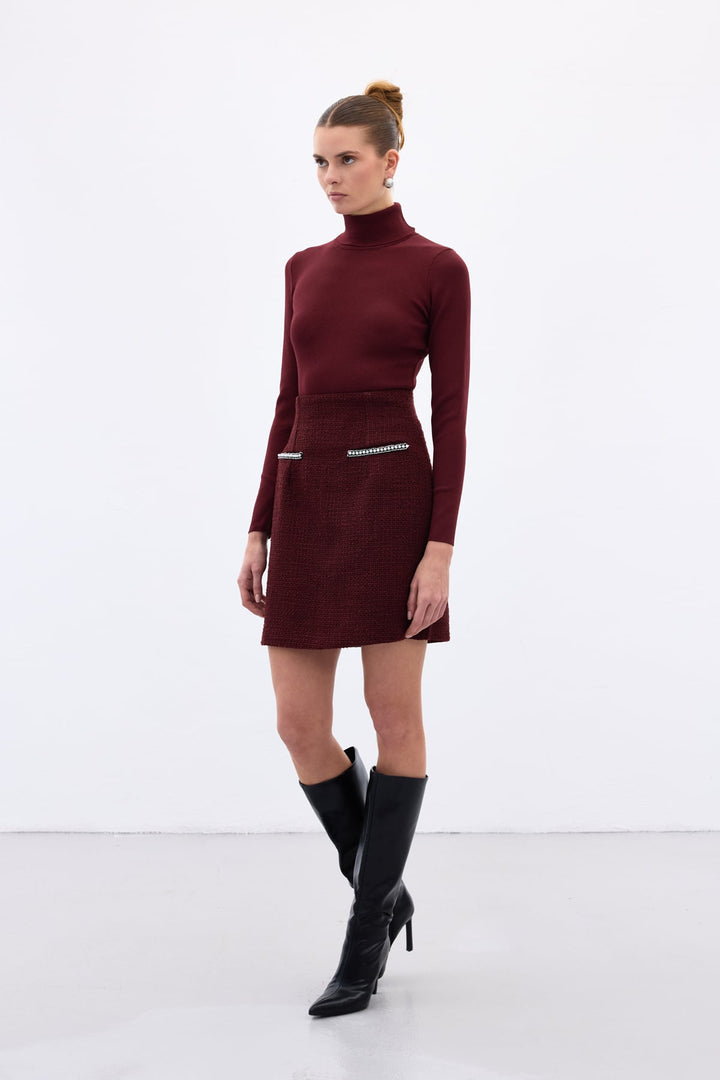 Sateen Jupe en tweed avec détails accessoires - Bordeaux