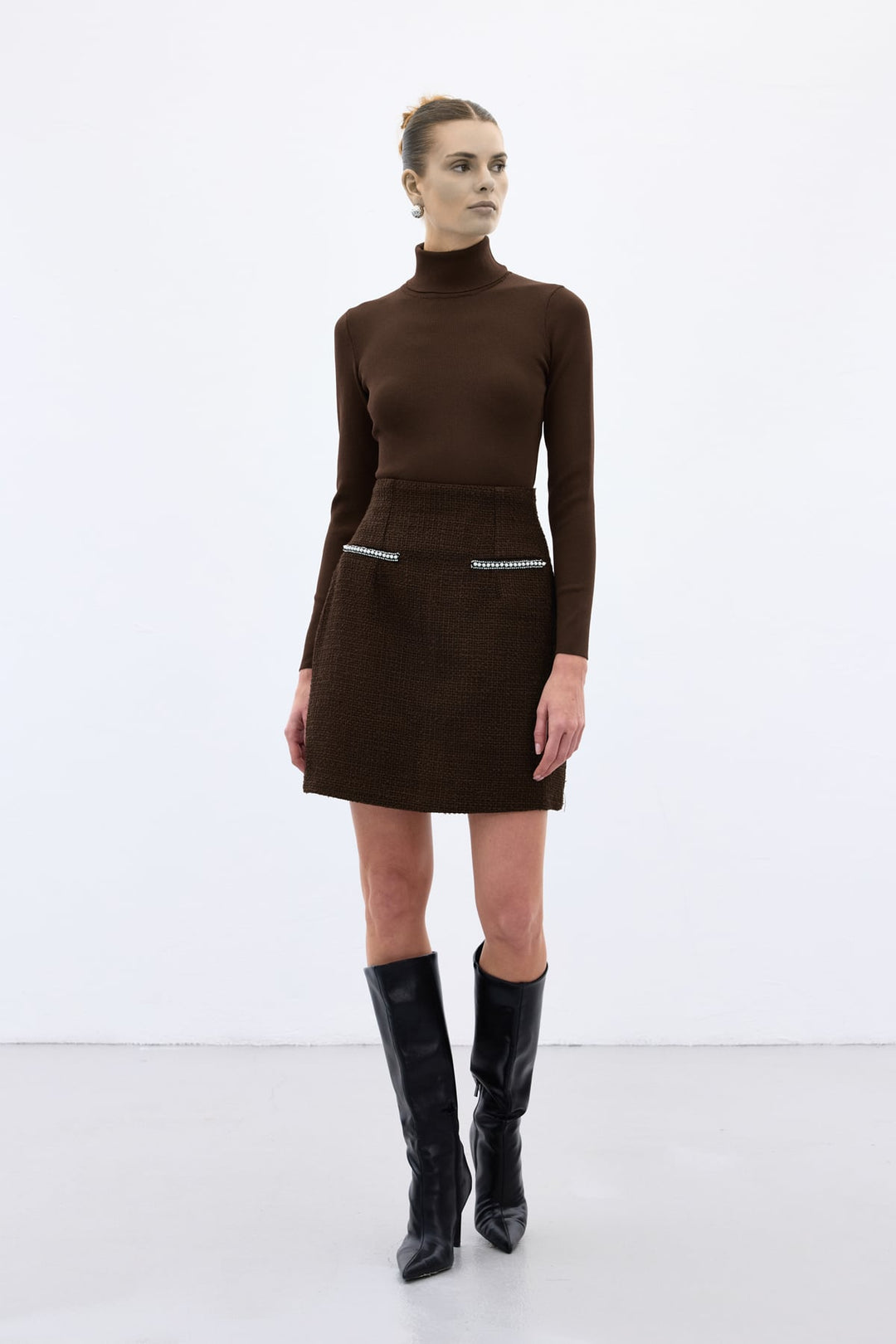 Sateen Jupe en tweed avec détails accessoires - Marron