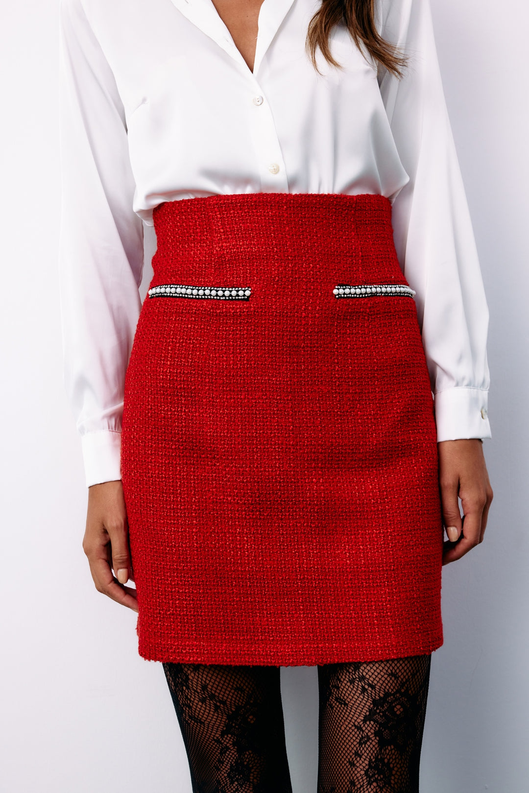 Sateen Jupe en tweed avec détails accessoires - Rouge
