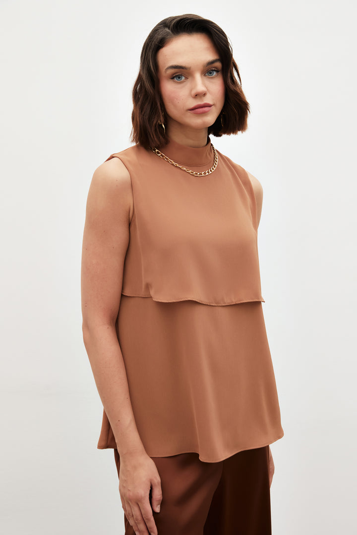 Sateen Blouse Volante avec Détails Accessoires - Marron