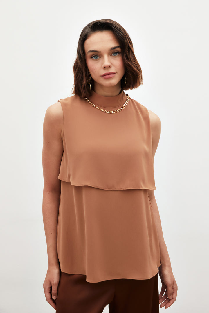 Sateen Blouse Volante avec Détails Accessoires - Marron