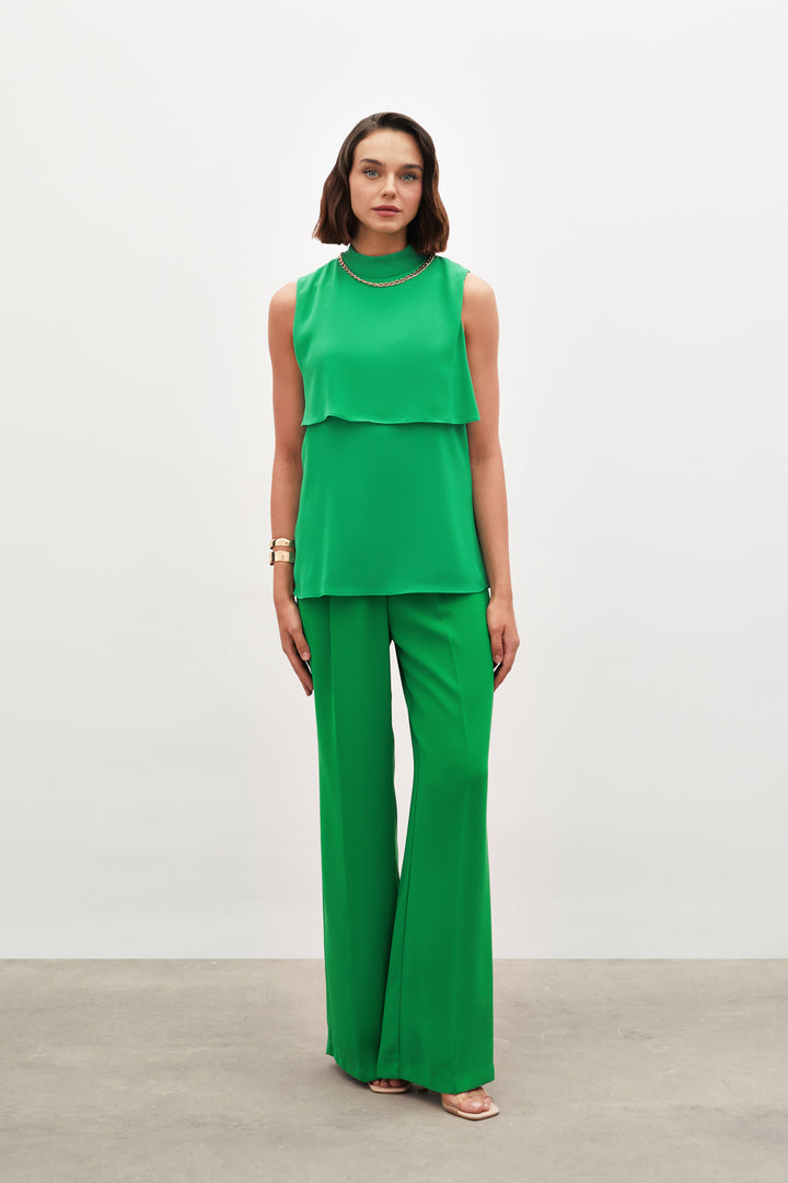Sateen Blouse à volants avec détails d'accessoires - Vert