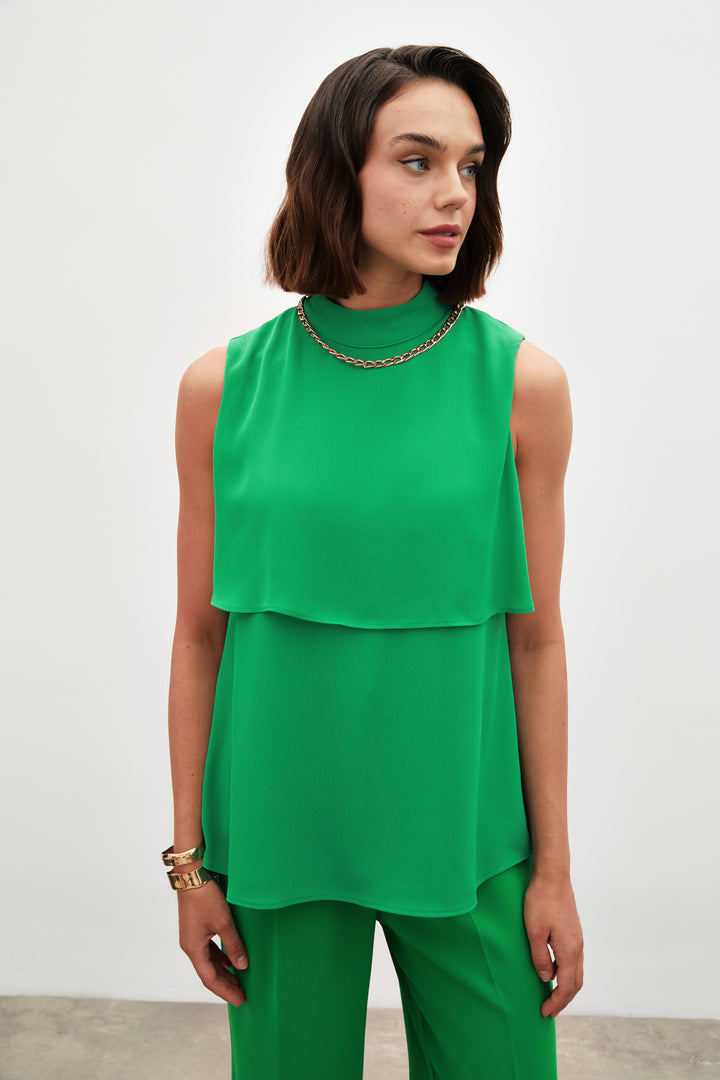 Sateen Blouse à volants avec détails d'accessoires - Vert