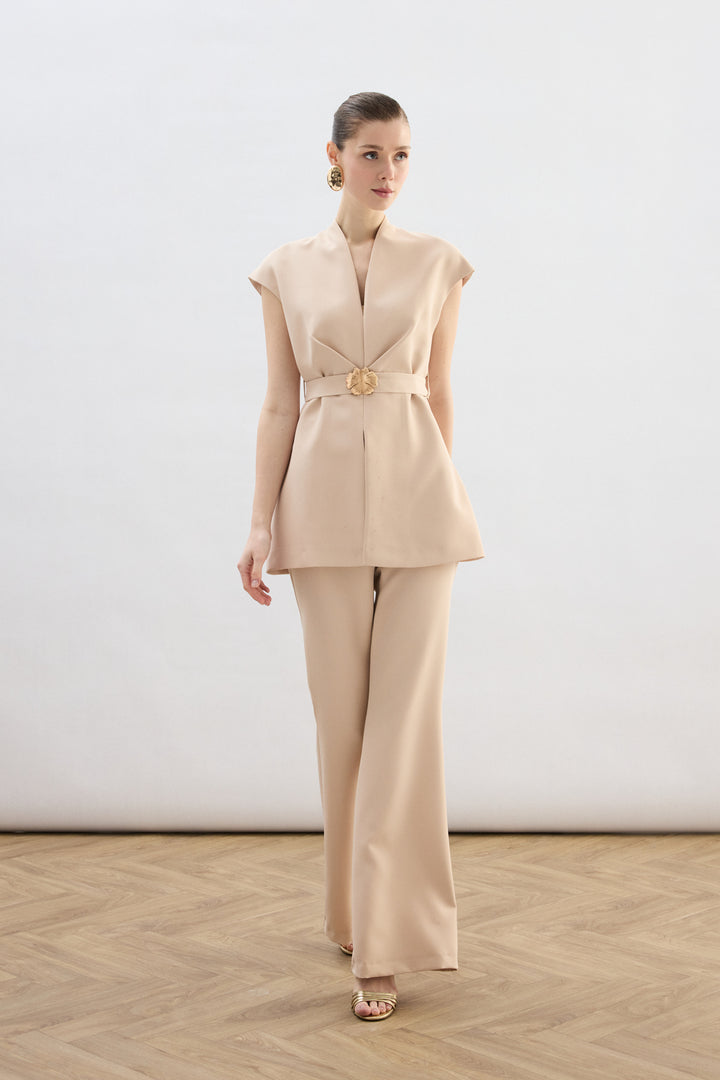 Sateen Blouse Sans Manches Avec Ceinture - Beige