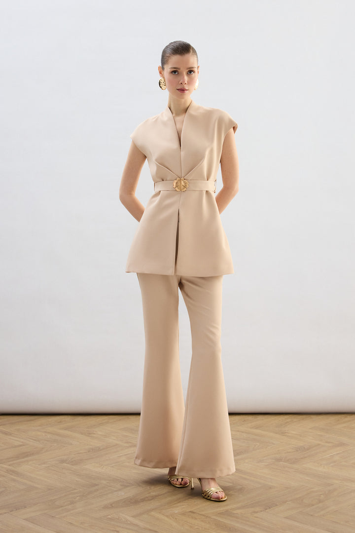Sateen Blouse Sans Manches Avec Ceinture - Beige
