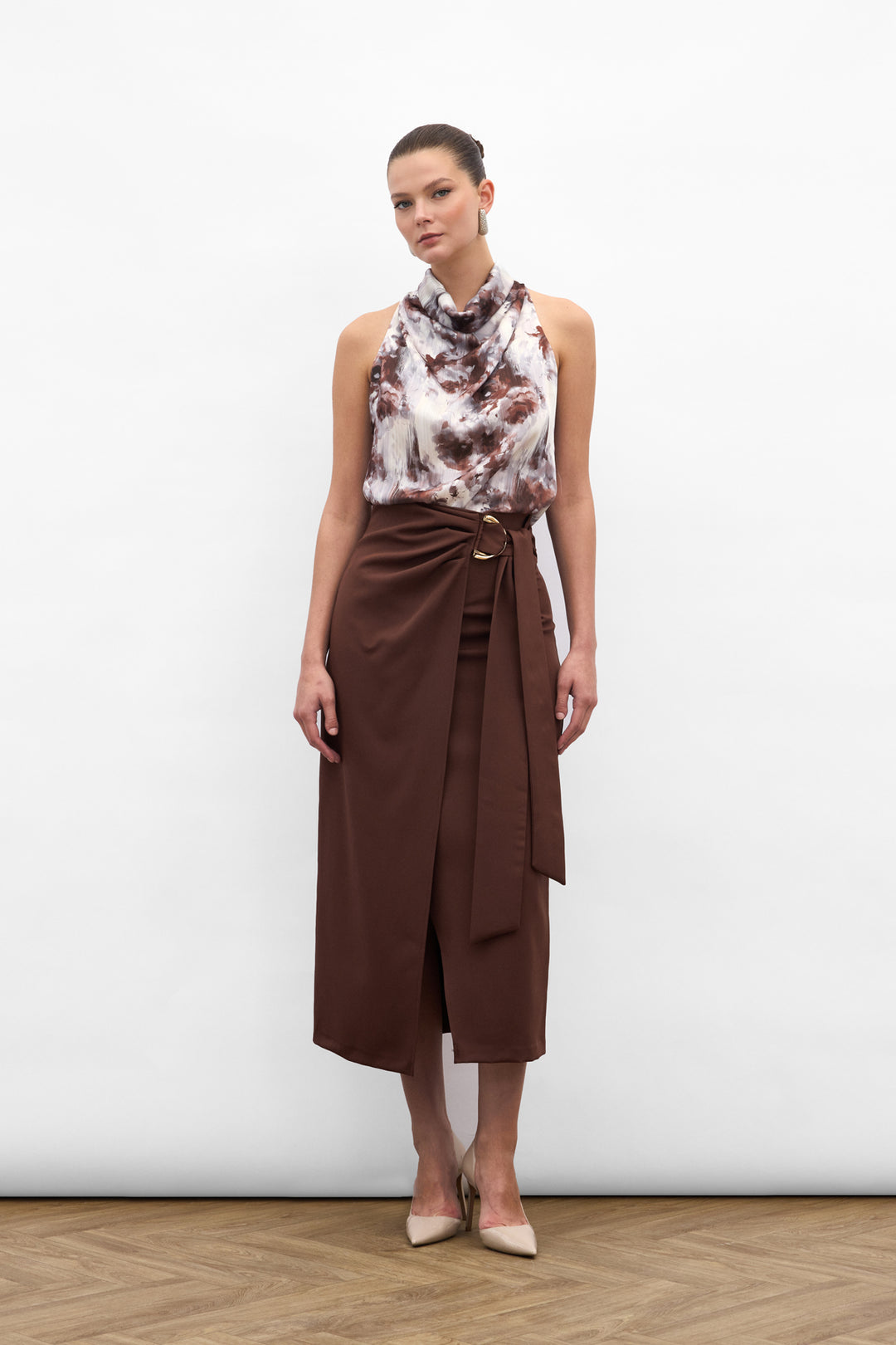 Sateen Jupe Fendue avec Ceinture Accessoire - Marron