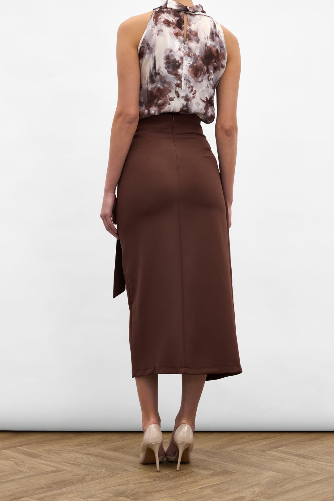 Sateen Jupe Fendue avec Ceinture Accessoire - Marron