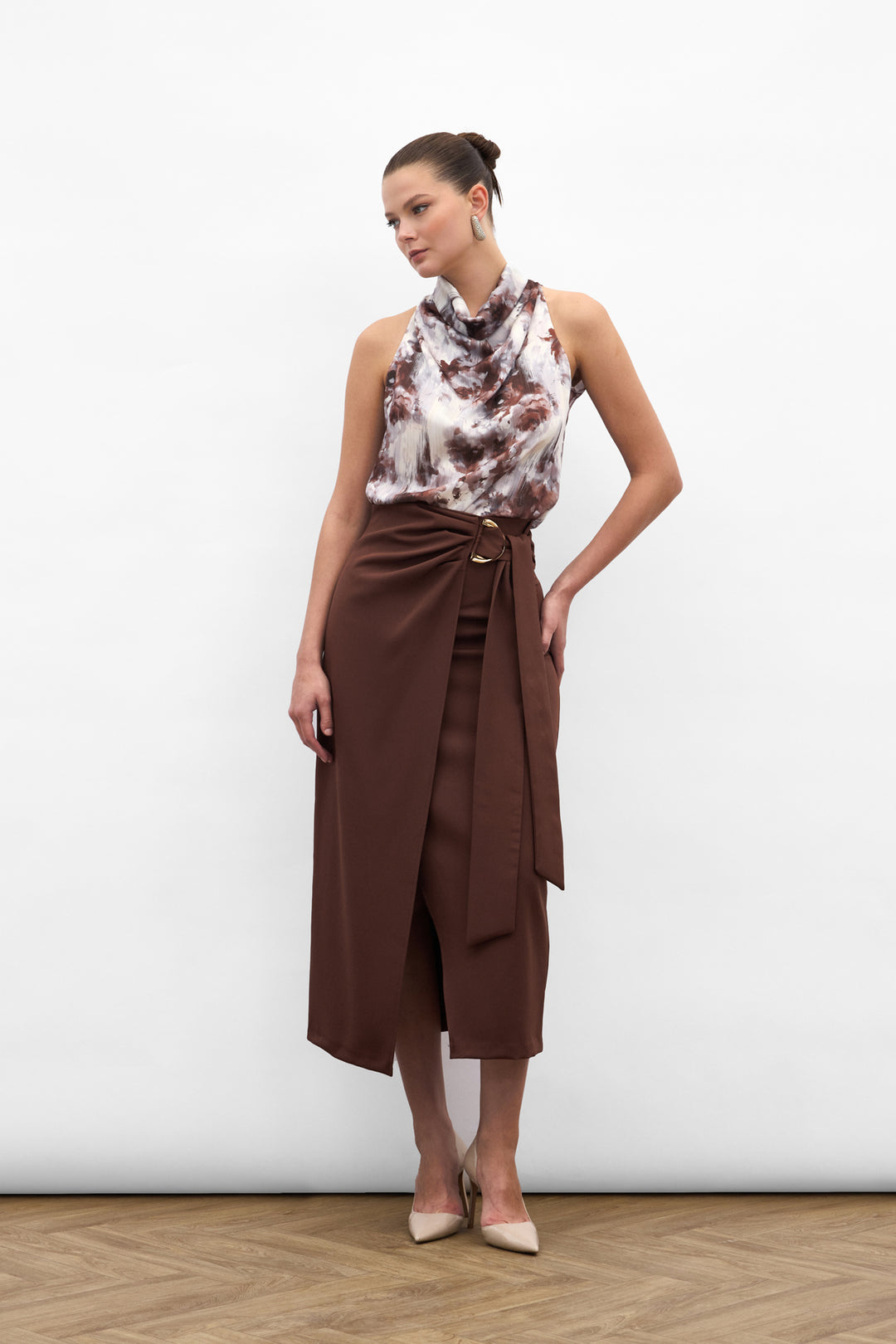 Sateen Jupe Fendue avec Ceinture Accessoire - Marron