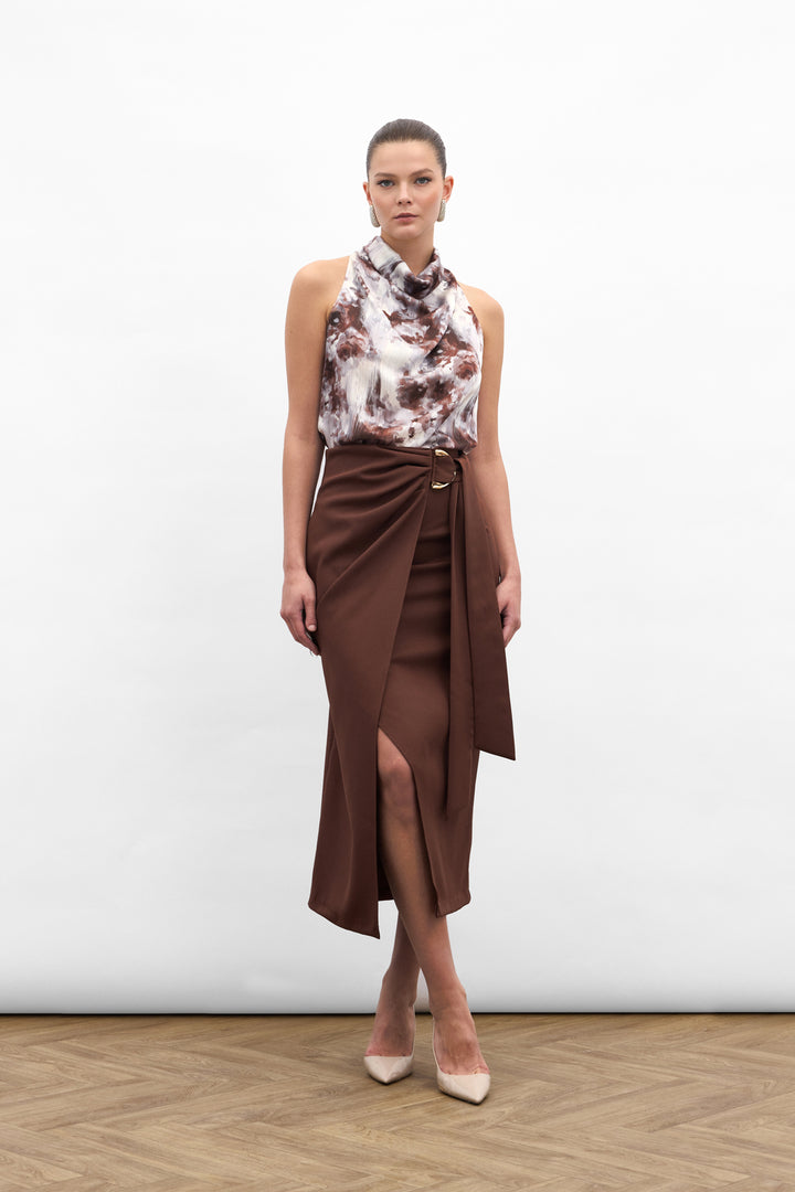 Sateen Jupe Fendue avec Ceinture Accessoire - Marron