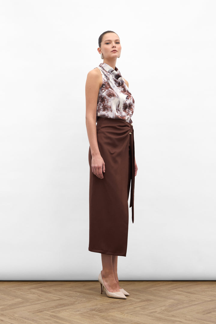 Sateen Jupe Fendue avec Ceinture Accessoire - Marron