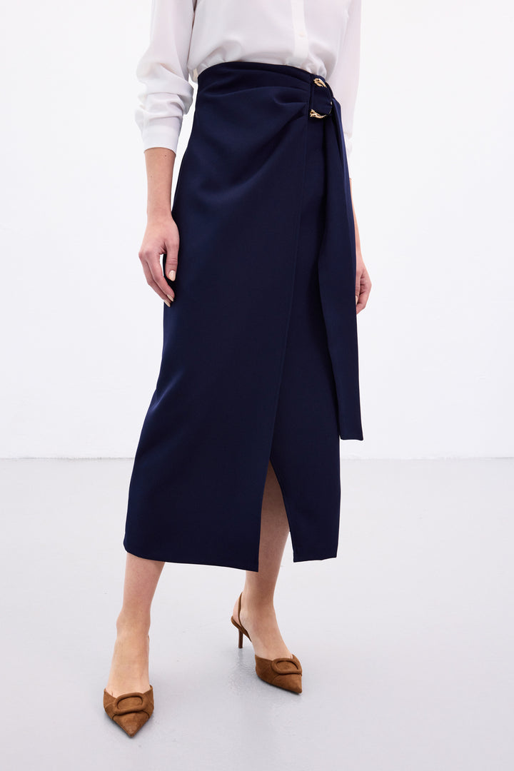 Sateen Jupe Fendue avec Ceinture Accessoire - Bleu marine