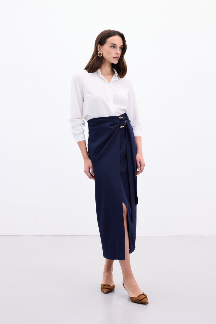 Sateen Jupe Fendue avec Ceinture Accessoire - Bleu marine