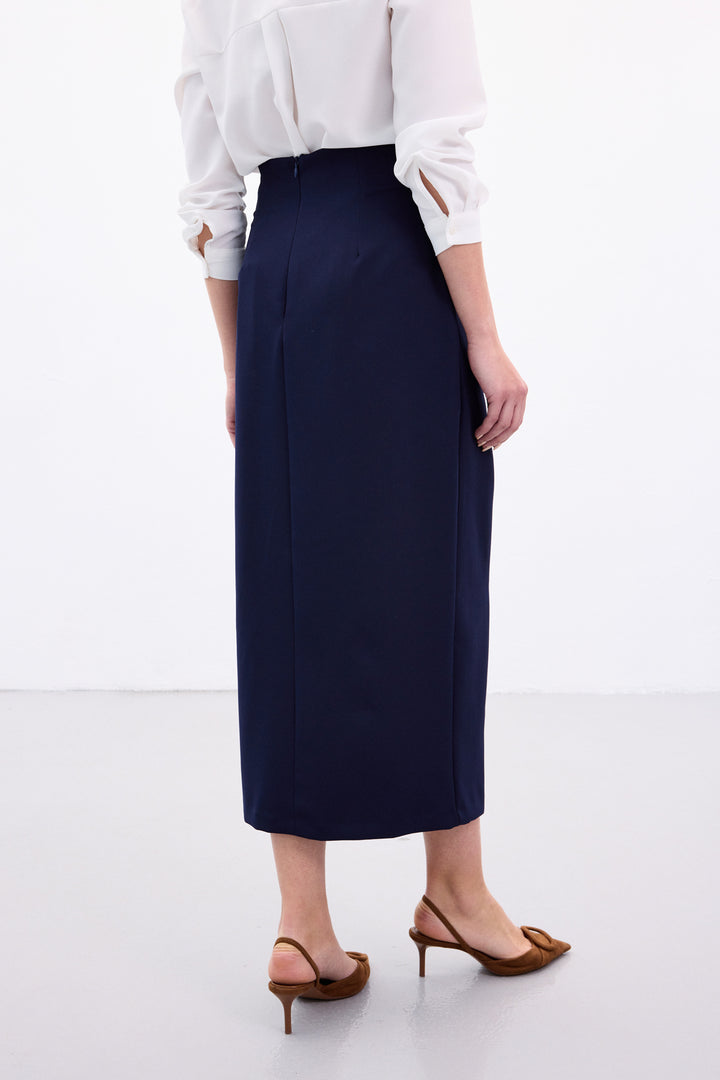 Sateen Jupe Fendue avec Ceinture Accessoire - Bleu marine