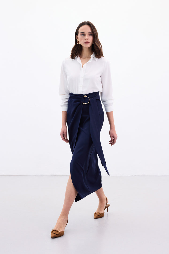 Sateen Jupe Fendue avec Ceinture Accessoire - Bleu marine