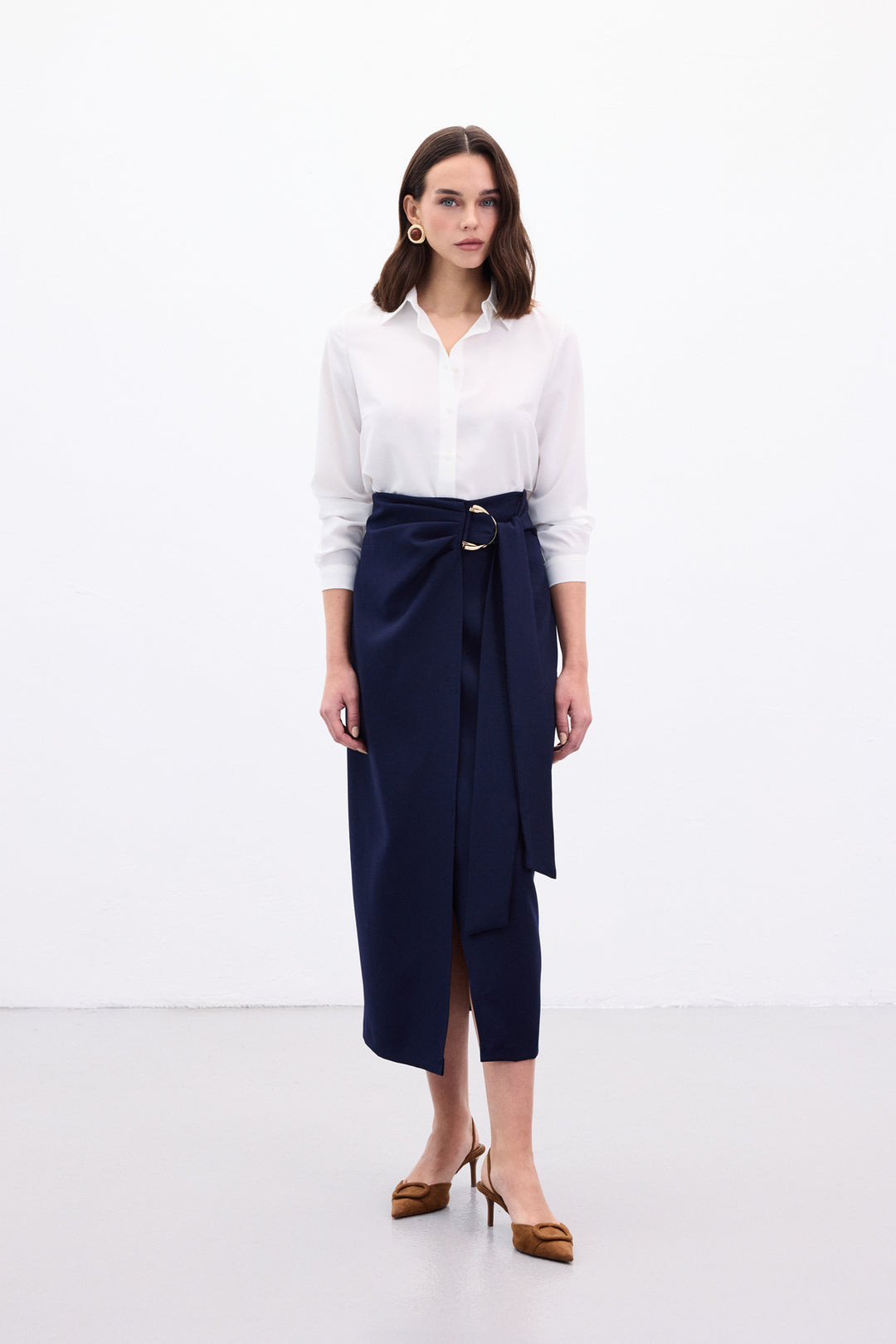 Sateen Jupe Fendue avec Ceinture Accessoire - Bleu marine