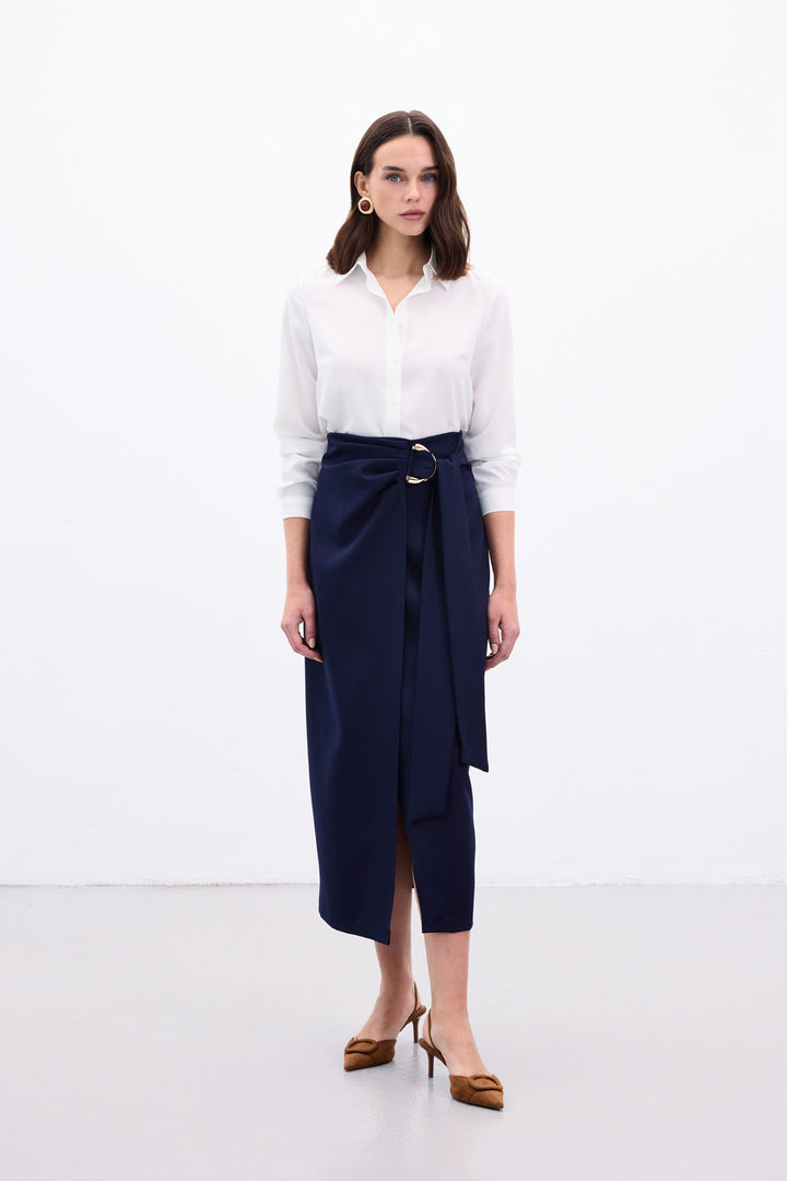 Sateen Jupe Fendue avec Ceinture Accessoire - Bleu marine