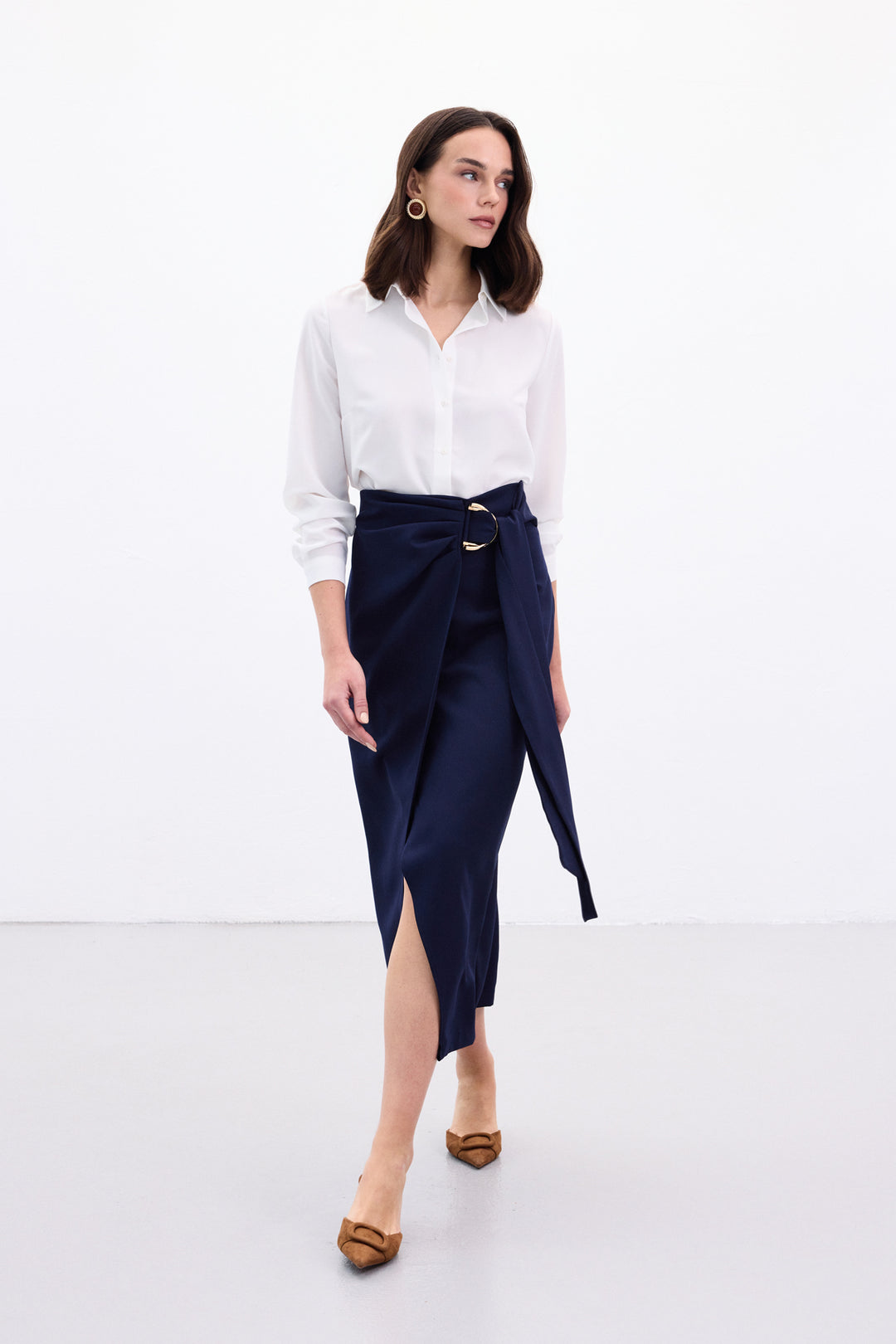 Sateen Jupe Fendue avec Ceinture Accessoire - Bleu marine