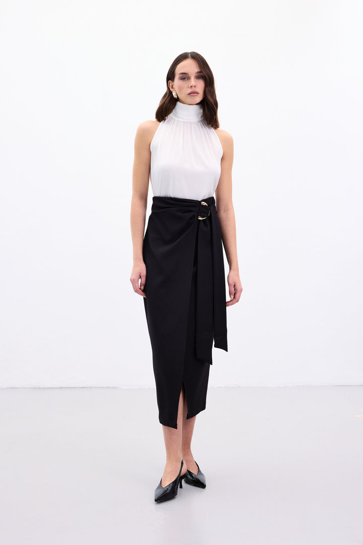 Sateen Jupe Fendue avec Ceinture Accessoire - Noir