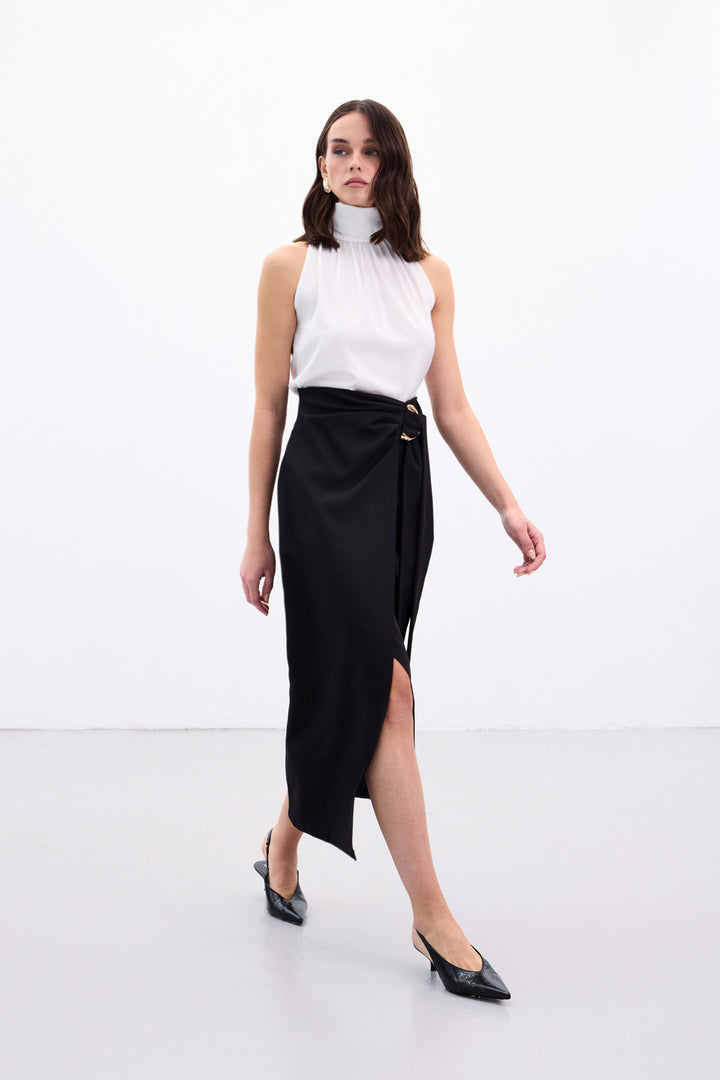 Sateen Jupe Fendue avec Ceinture Accessoire - Noir