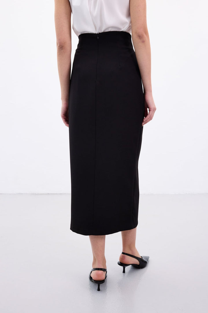 Sateen Jupe Fendue avec Ceinture Accessoire - Noir