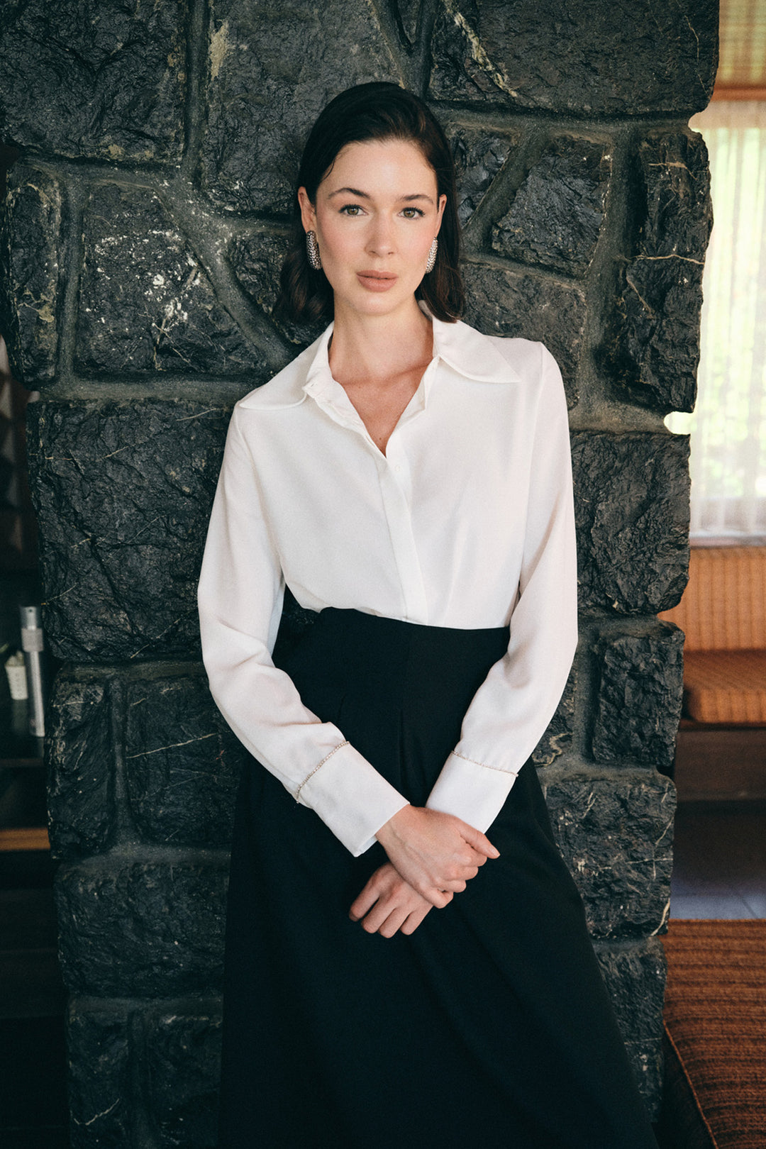 Sateen Chemise classique avec accessoires - Écru