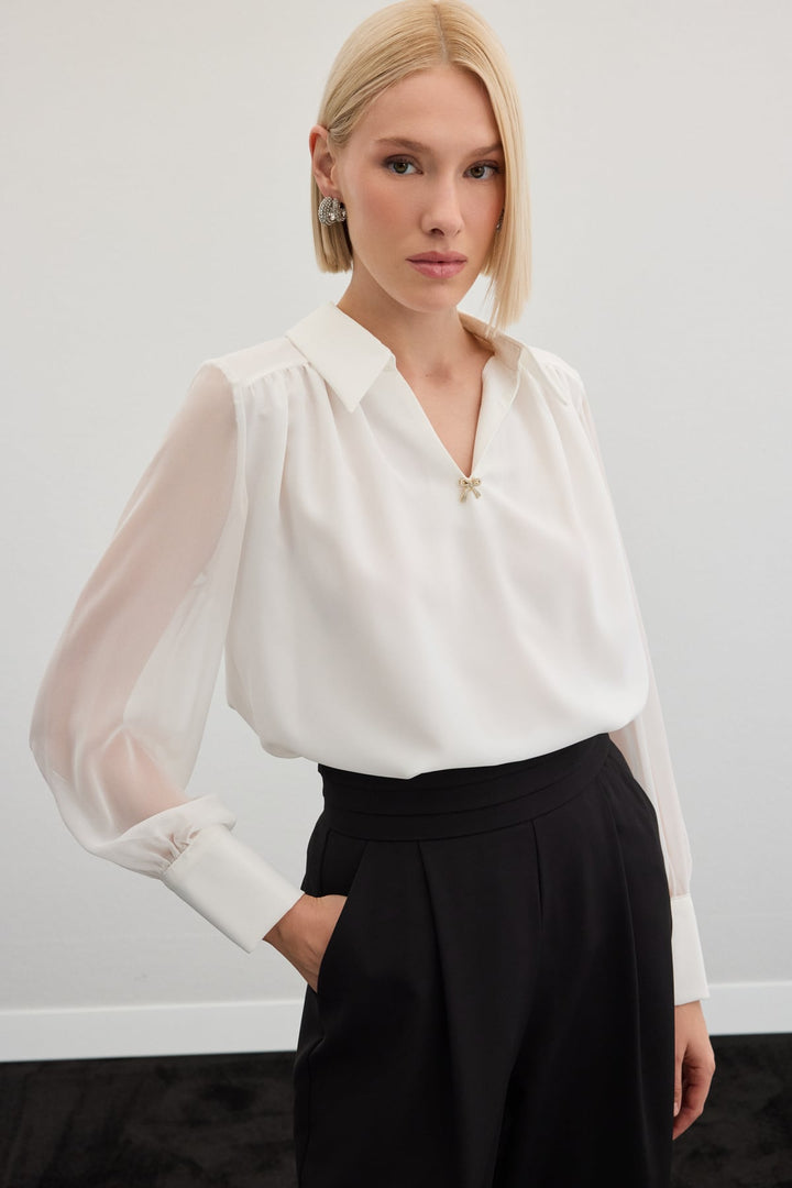 Sateen Blouse ample avec accessoires - Écru