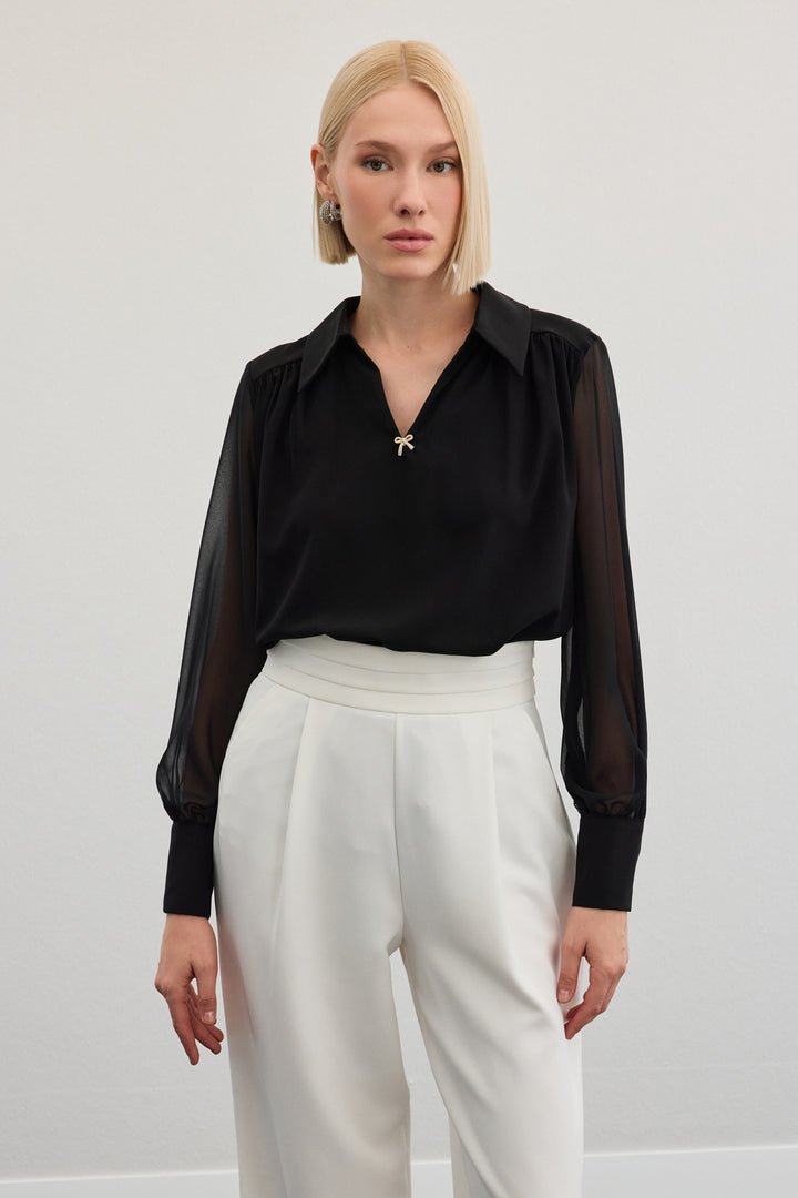 Sateen Blouse ample avec accessoires - Noir