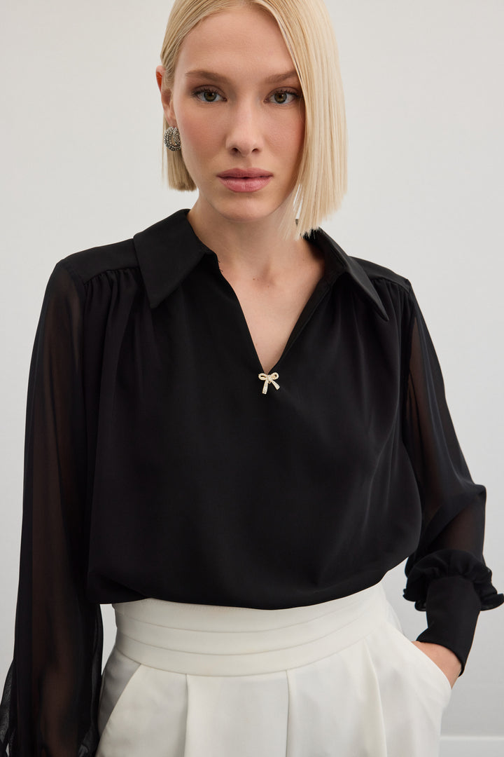 Sateen Blouse ample avec accessoires - Noir