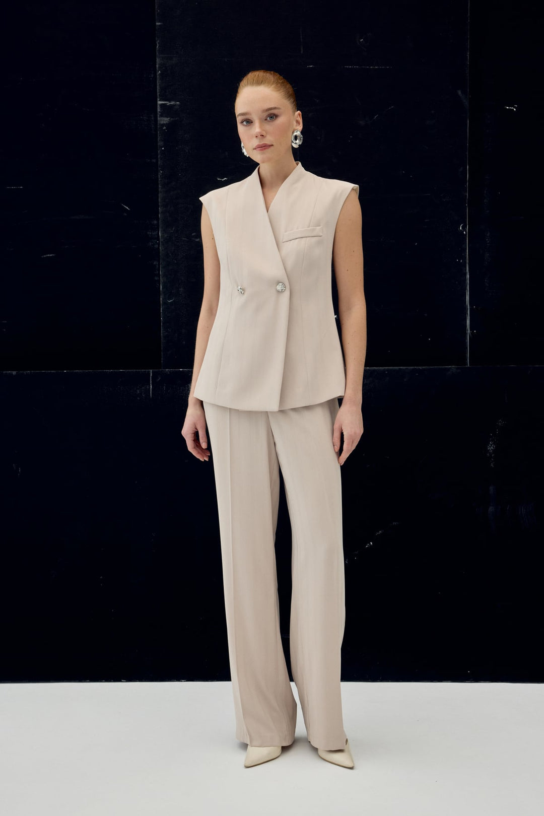 Sateen Pantalon Anna Rayé - Beige