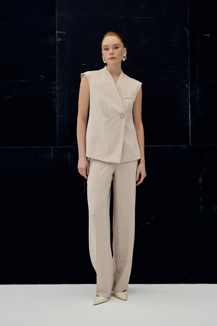 Sateen Pantalon Anna Rayé - Beige