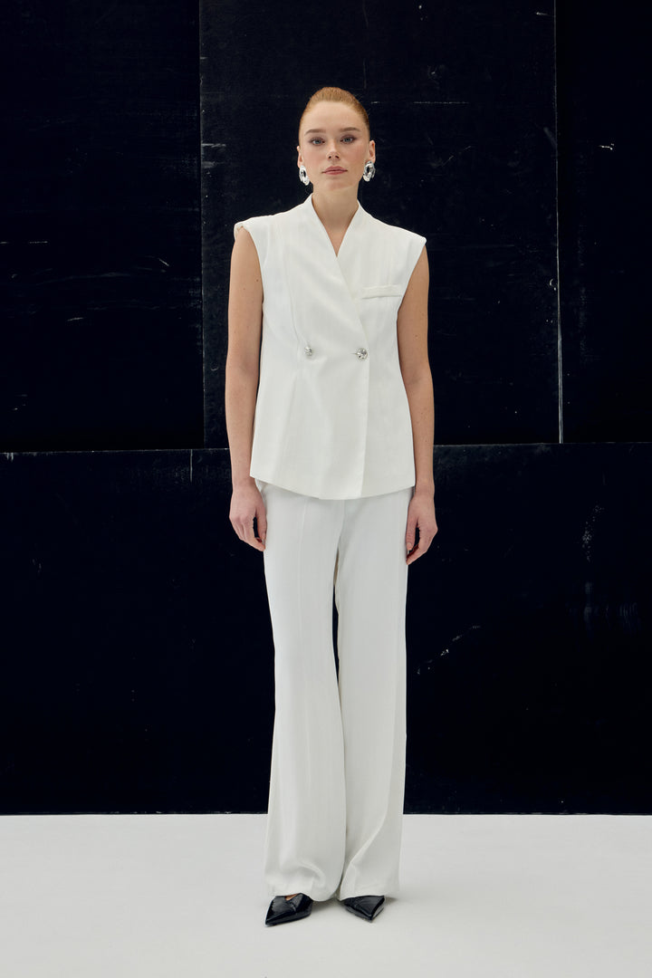 Sateen Pantalon Anna Rayé - Écru