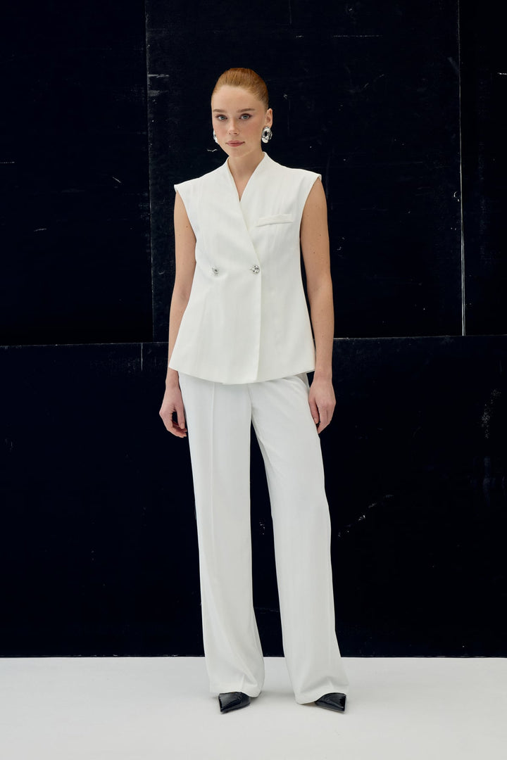 Sateen Pantalon Anna Rayé - Écru