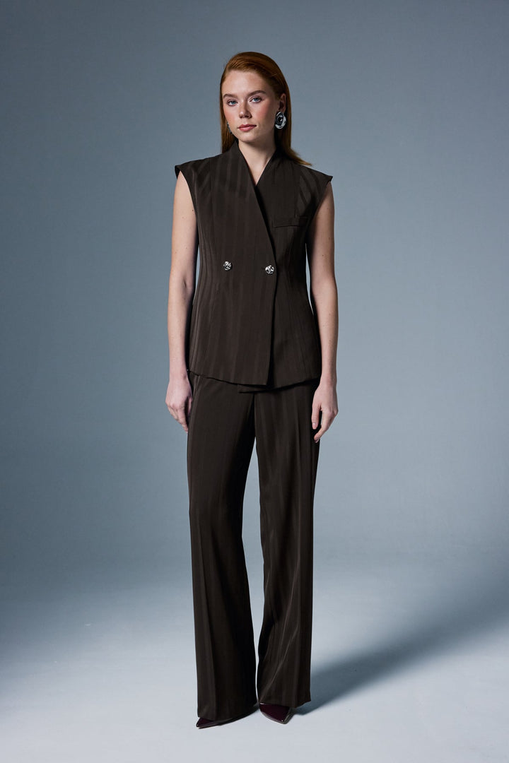 Sateen Pantalon Anna Rayé - Marron