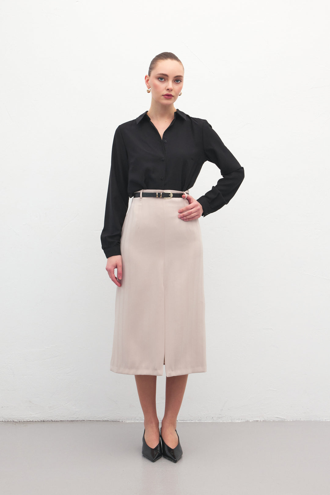 Sateen Jupe Anna à Fente - Beige