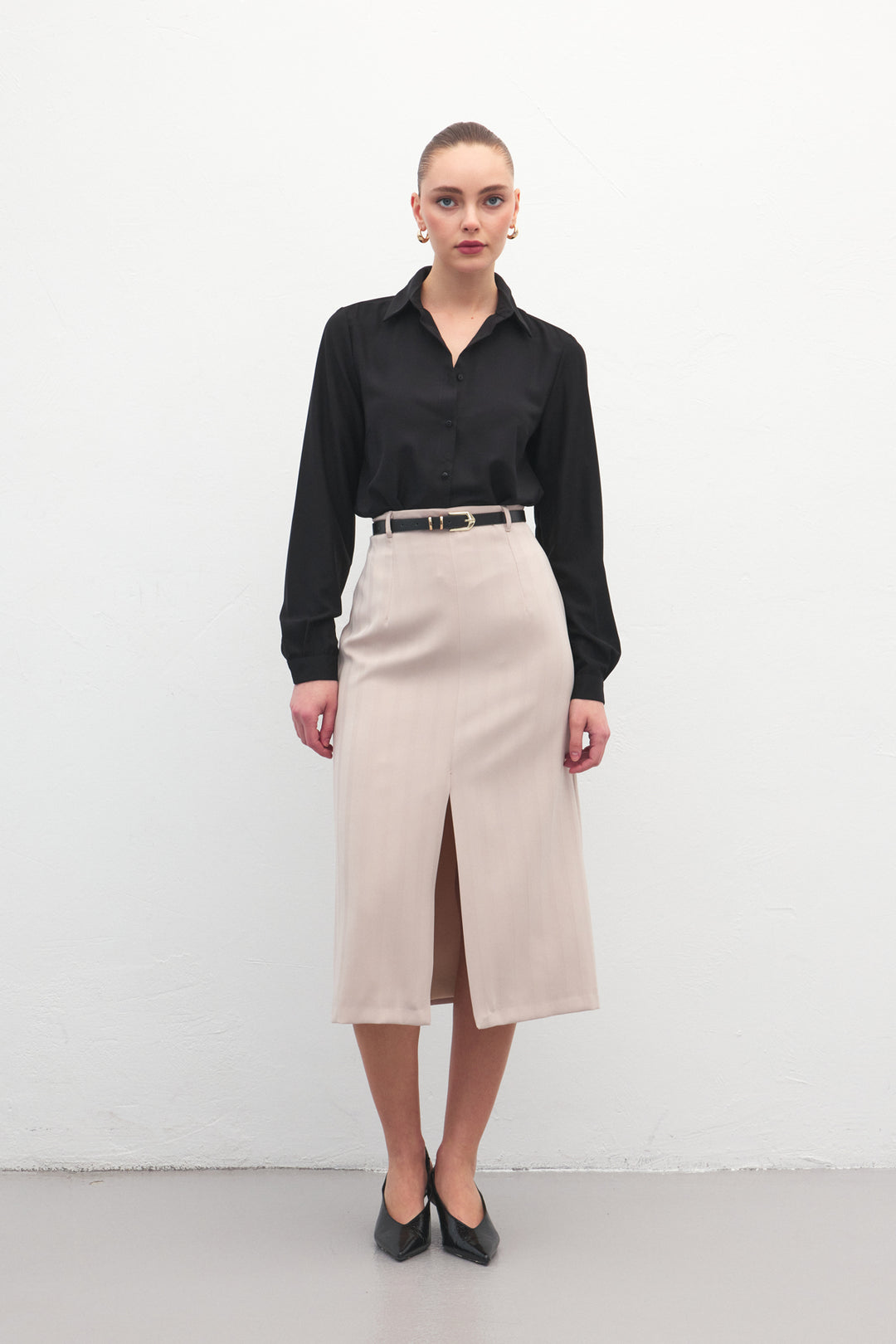 Sateen Jupe Anna à Fente - Beige
