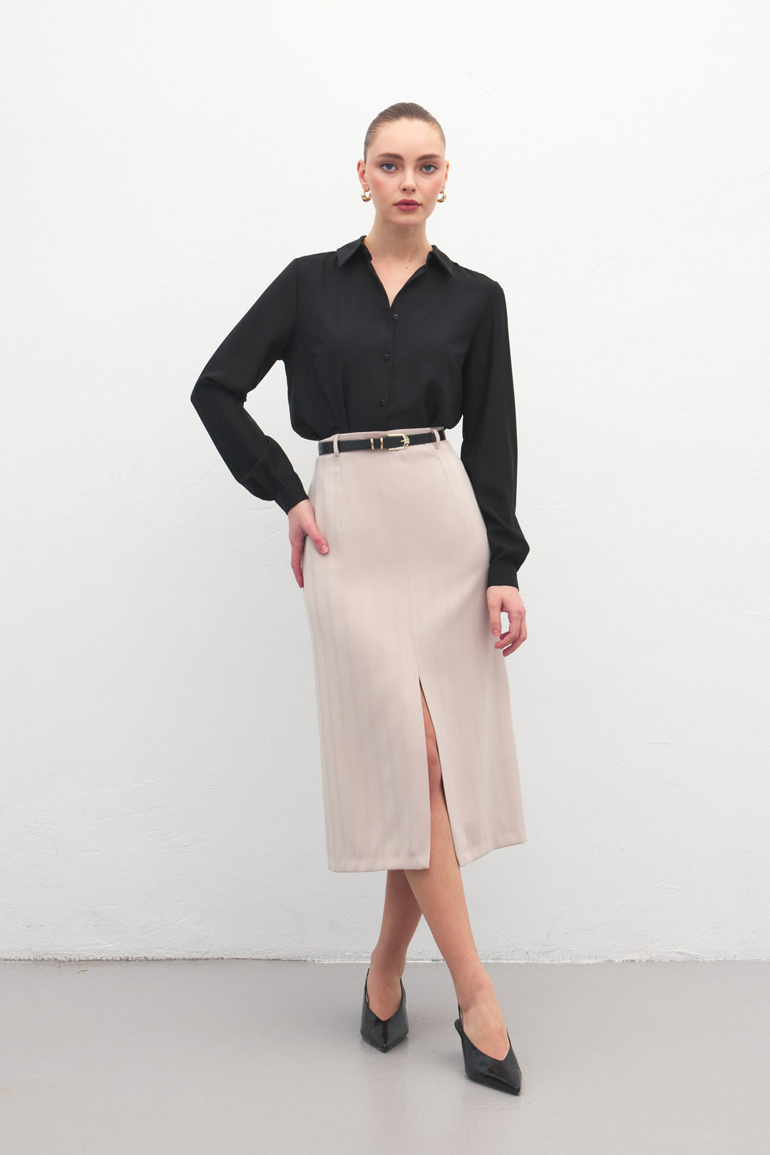 Sateen Jupe Anna à Fente - Beige