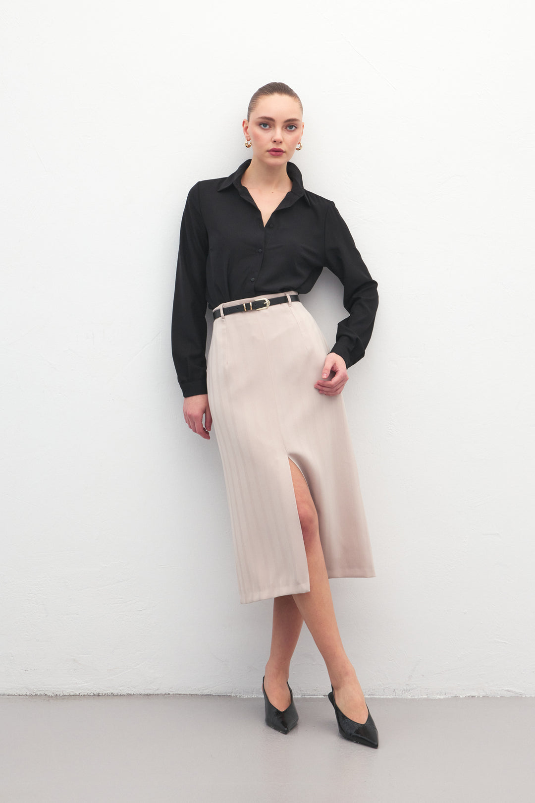 Sateen Jupe Anna à Fente - Beige