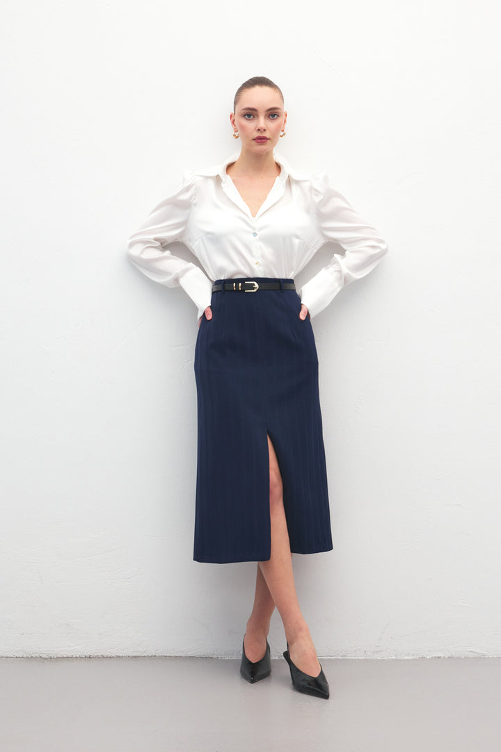 Sateen Jupe Anna Fendue - Bleu marine