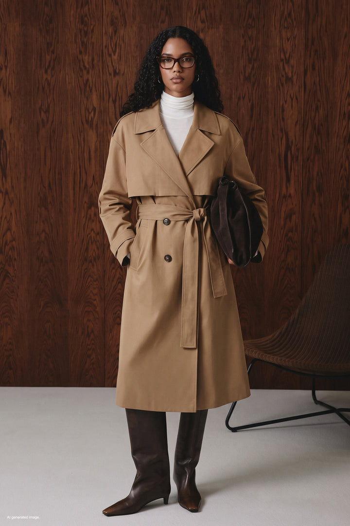 Sateen Trench détaillé avec épaulettes - Camel
