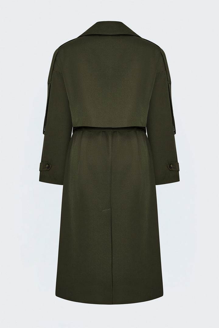 Sateen Trench avec Détails Épaules - Kaki