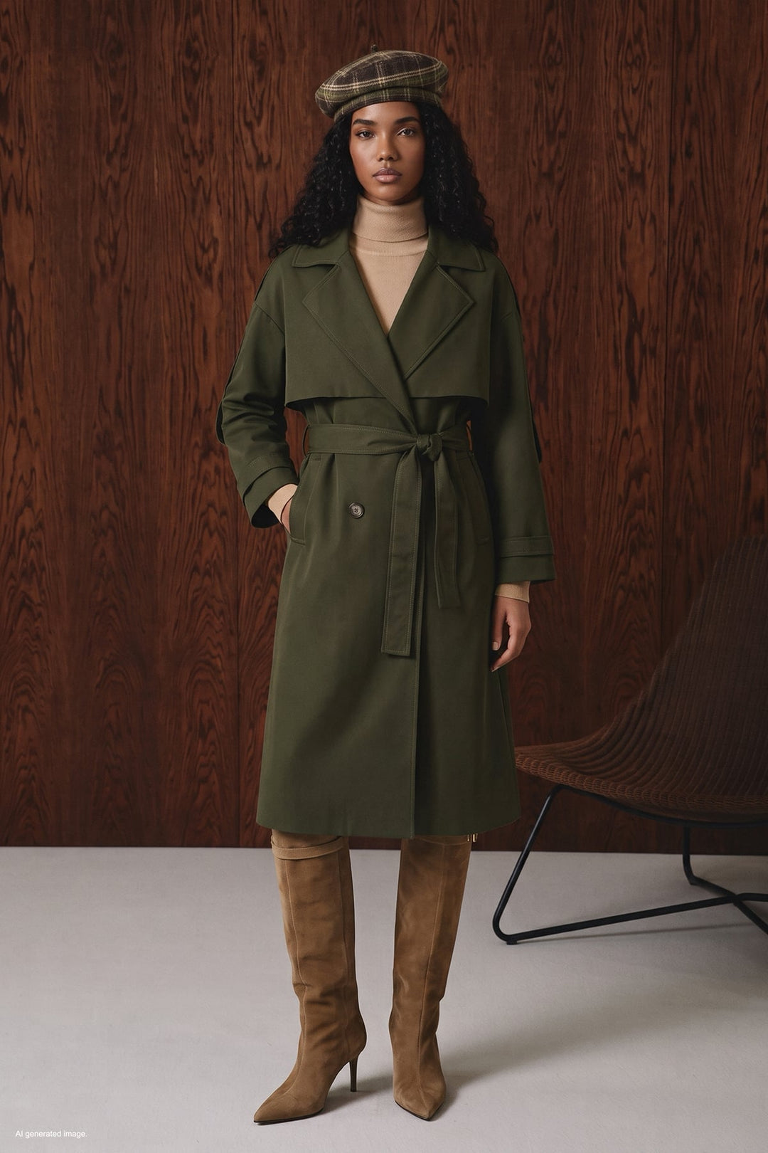Sateen Trench avec Détails Épaules - Kaki