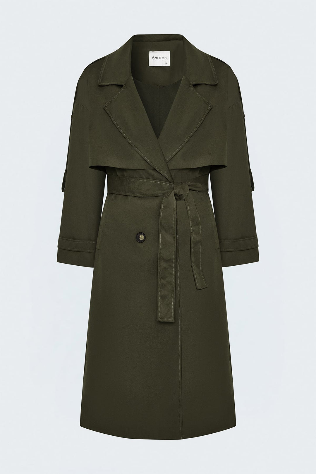 Sateen Trench avec Détails Épaules - Kaki