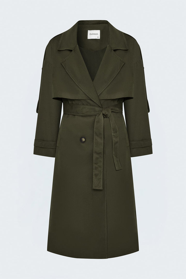 Sateen Trench avec Détails Épaules - Kaki