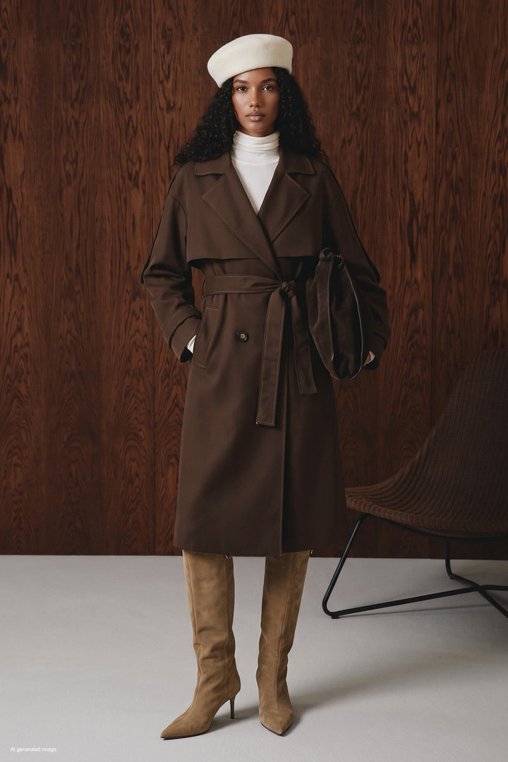 Sateen Trench avec détails épaulettes - Marron