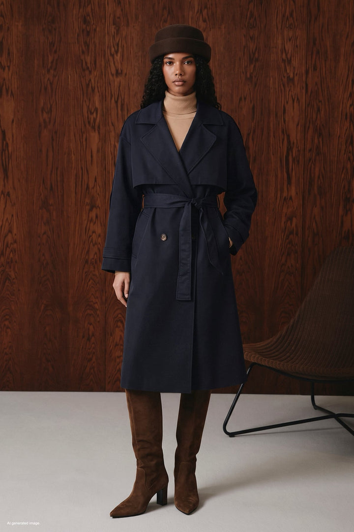 Sateen Trench avec détails épaulettes - Bleu marine