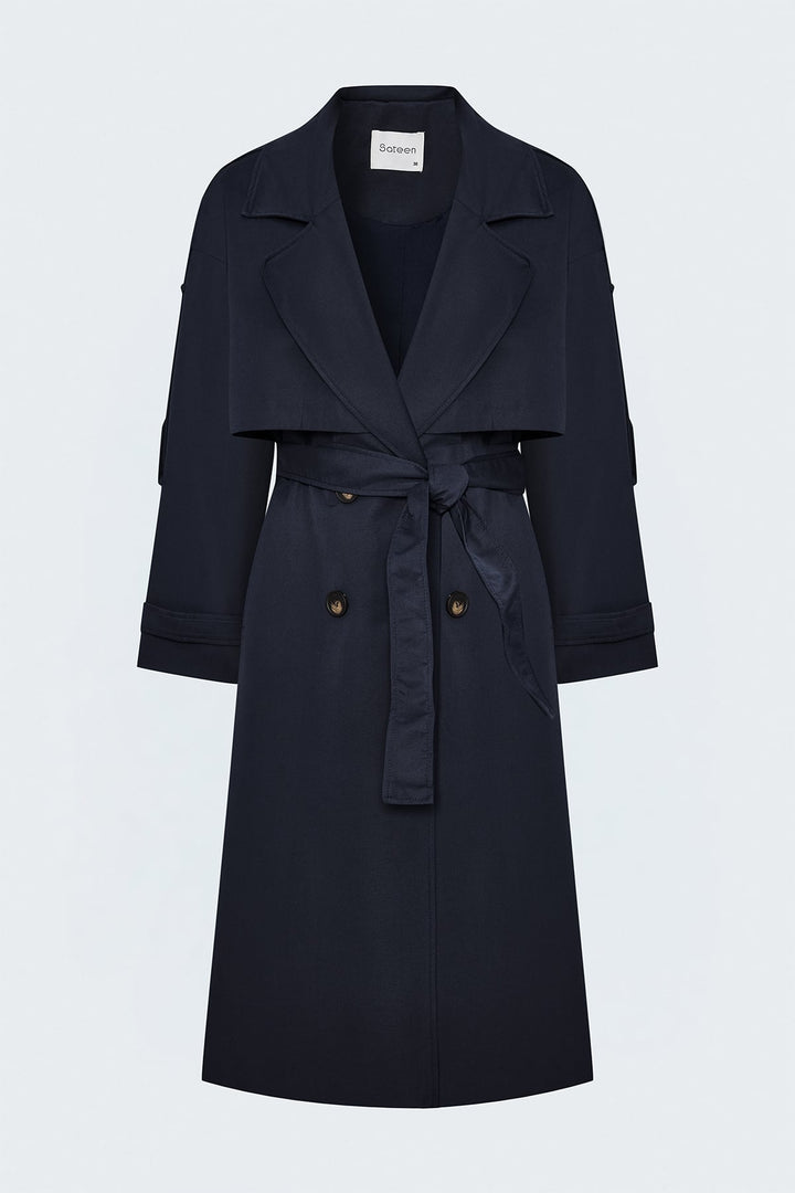Sateen Trench avec détails épaulettes - Bleu marine