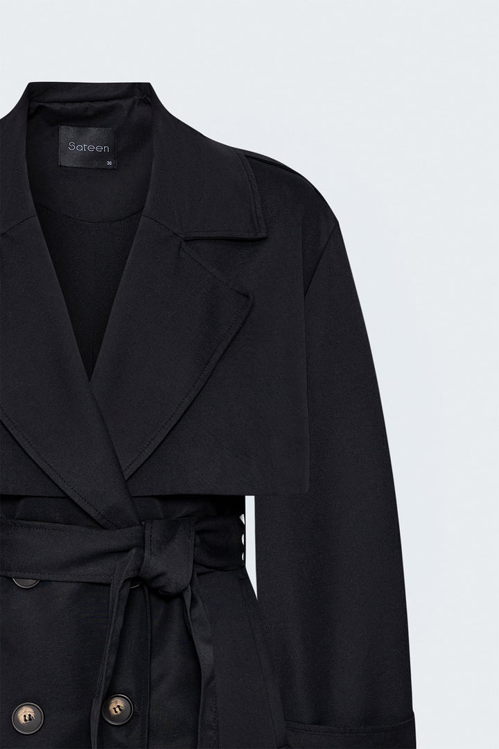 Sateen Trench avec détails épaulettes - Noir