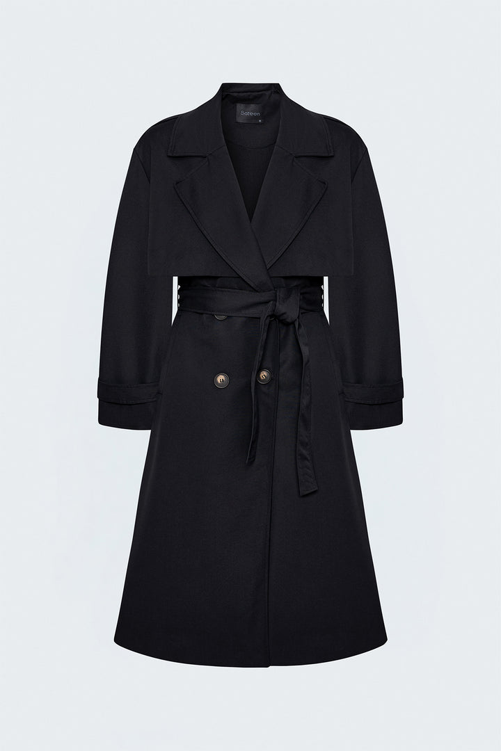 Sateen Trench avec détails épaulettes - Noir